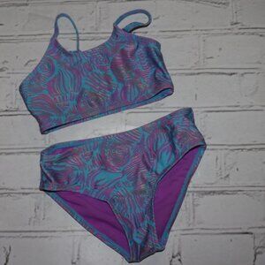 🦚💜💦 Wave Zone Girls Swimsuit · Peacock Feather Print · Size XS (4/5)